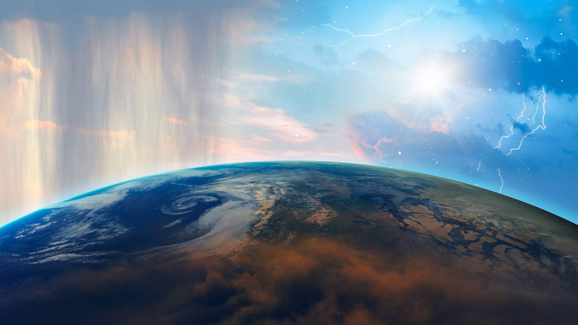 An illustration of the Earth featuring different weather patterns - rain, sunshine and lightning.