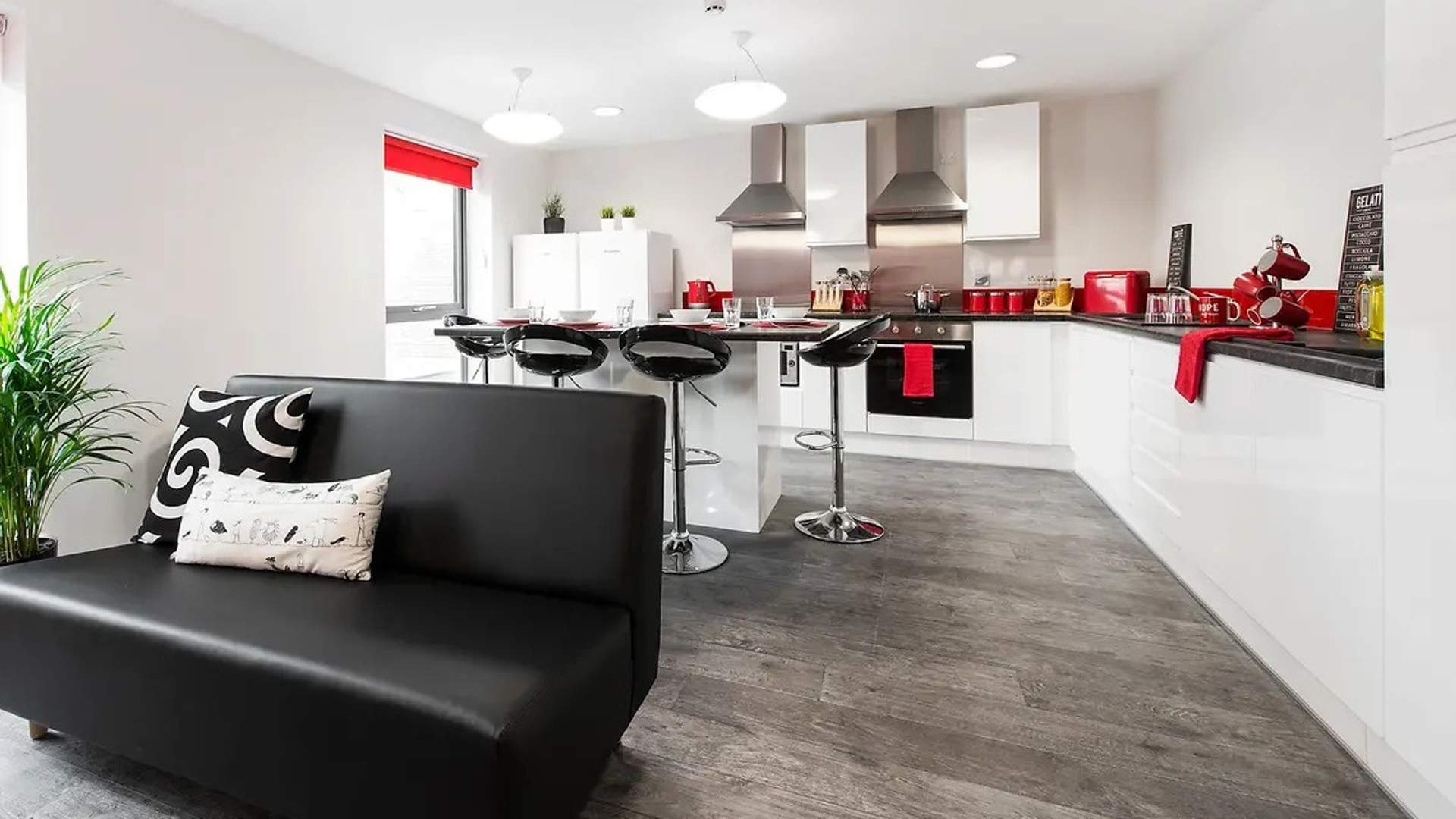 A view of a shared living and kitchen room with red decor