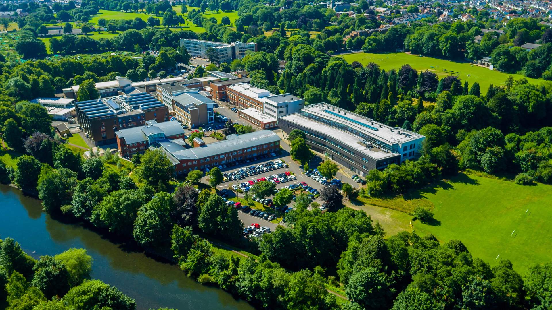 Aerial view of the Llandaff Campus and surrounding green areas