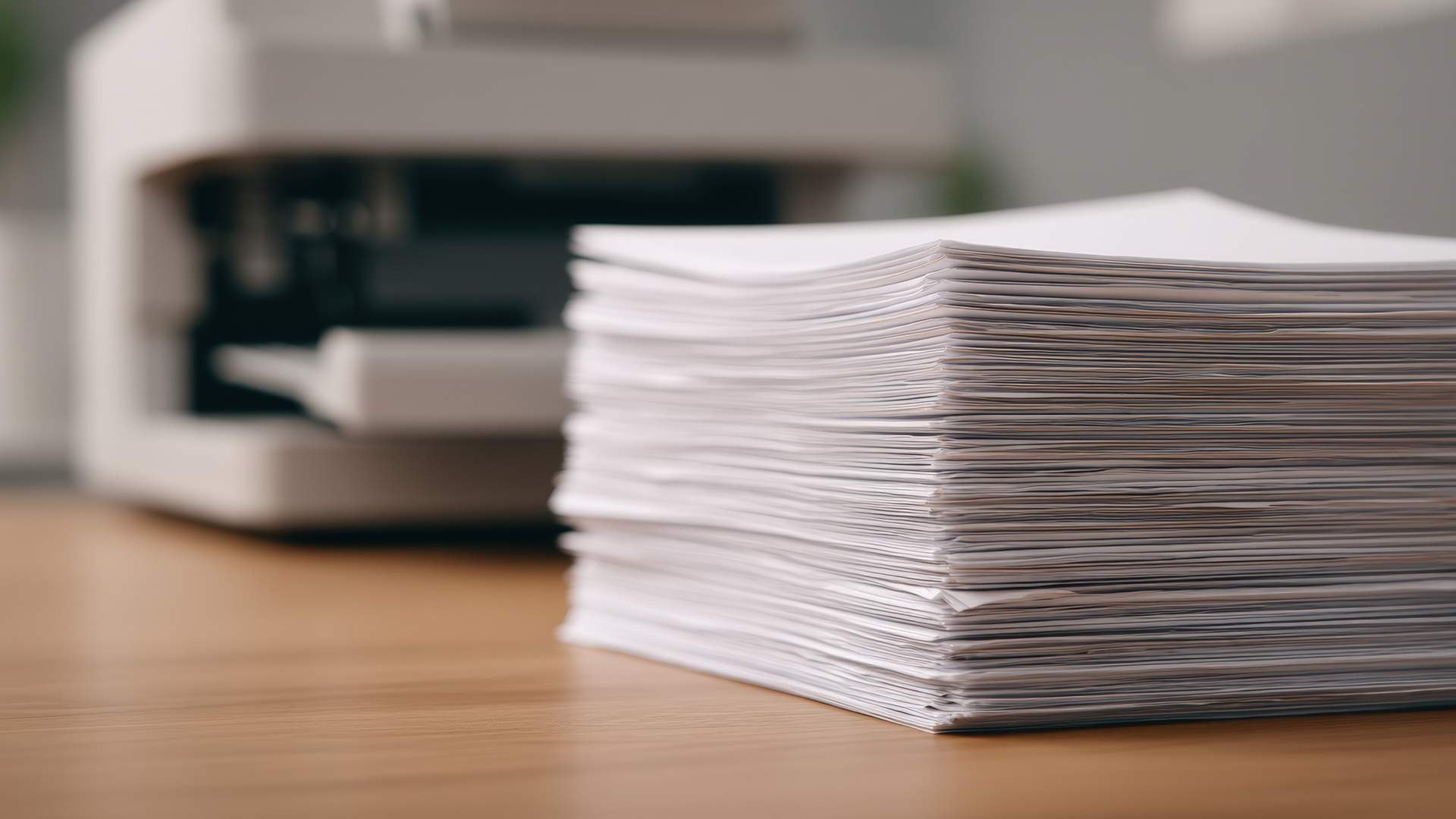 A stack of white paper in front of a printer