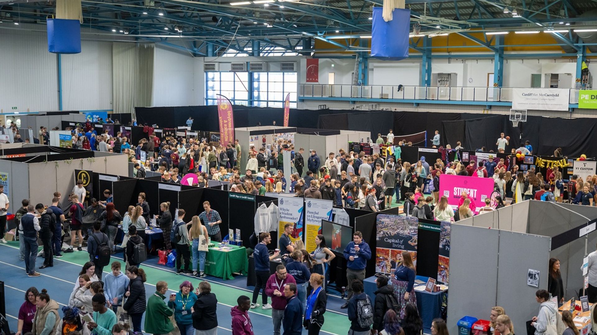 An aerial view of the Cardiff Met freshers' fair in the National Indoor Athletics Centre