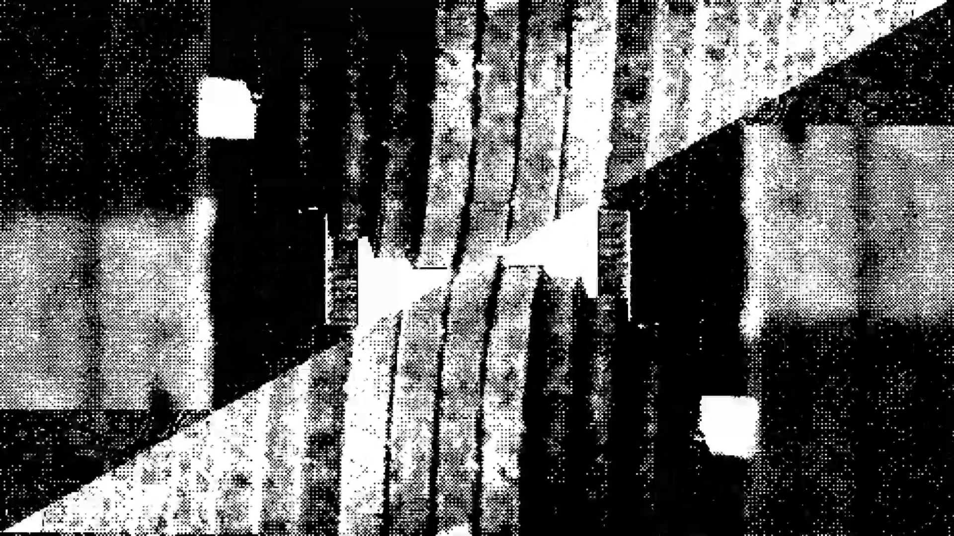 A black and white, heavily pixelated abstract image of geometric shapes and patterns using dots