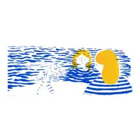 Illustration of a person, a cat, and water waves