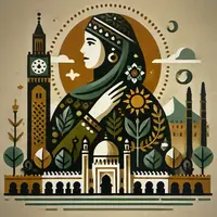 Stylized illustration of a woman in traditional dress with a headscarf, surrounded by buildings, plants, and a clock tower.