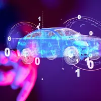 A 3D model of a car surrounded by numbers and measurements