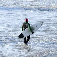 A surfer wearing a a wetsuit and carrying a surfboard walks through the waves on a beach.