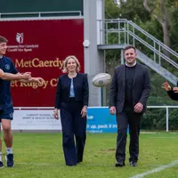 From left to right: Arthur Moore, Cardiff Met Men's Club Captain and BUCS Super Rugby squad player, Professor Rachael Langford, VC of Cardiff Met, Rhys Blumberg, CEO of Dragons RFC and Amelia Bailey, Cardiff Met women's performance squad and BUCS Super Rugby player.