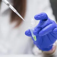 A close-up of a gloved hand holding a pipette and sample container.