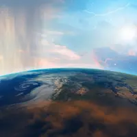 An illustration of the Earth featuring different weather patterns - rain, sunshine and lightning.