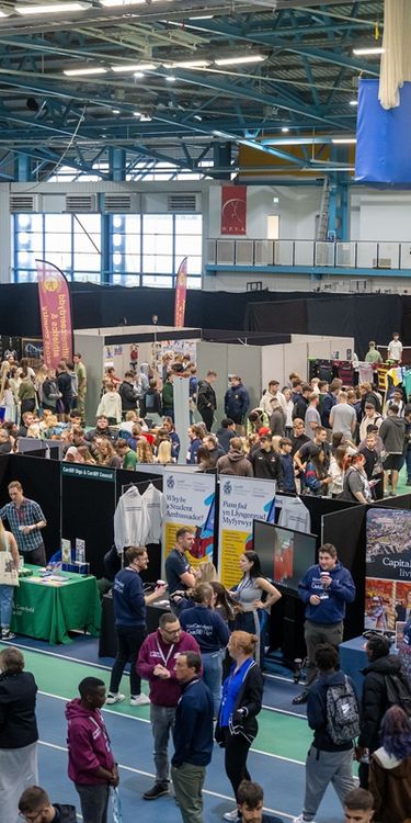An aerial view of the Cardiff Met freshers' fair in the National Indoor Athletics Centre