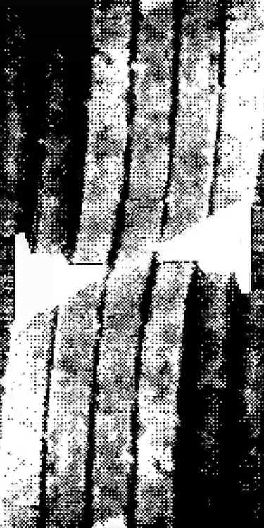 A black and white, heavily pixelated abstract image of geometric shapes and patterns using dots