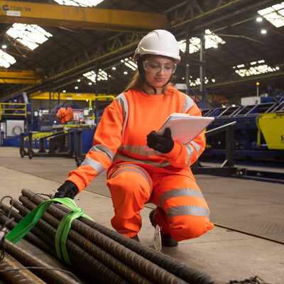 A worker in high-visibility orange gear and a hard hat inspects steel rods tied with green straps in a factory setting. She holds a clipboard, checking the materials under bright overhead lighting.