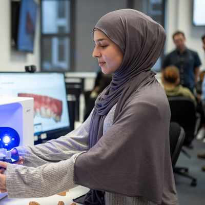 A person wearing a hijab operates a dental 3D scanning machine, placing a dental model inside. The setting appears to be an educational or professional environment, with a computer screen showing dental images in the background.