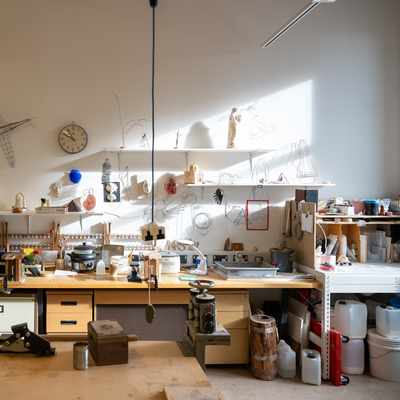 Art workshop featuring workshop tables and desks