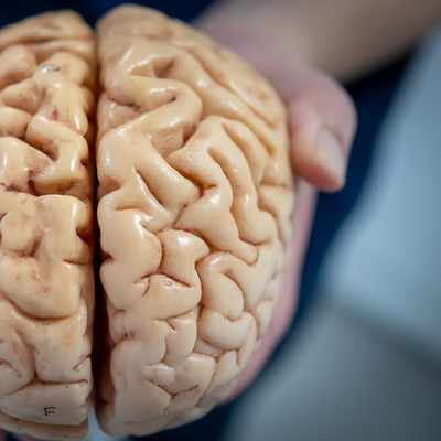 A woman with shoulder-length blonde hair sits at a white table, smiling. She is wearing a dark patterned top. The background consists of large, bright yellow panels.