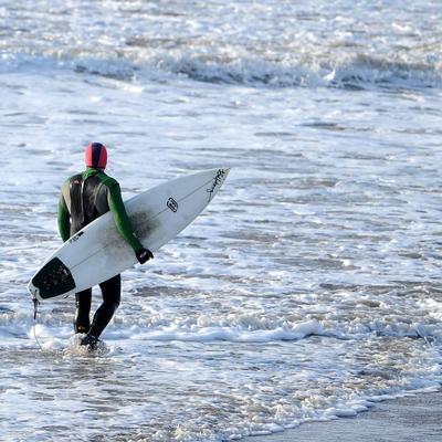 A surfer wearing a a wetsuit and carrying a surfboard walks through the waves on a beach.