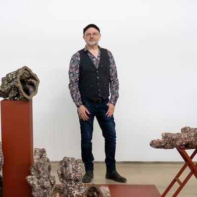 A man stands in a gallery next to various abstract sculptures resembling organic forms. The sculptures are displayed on reddish-brown pedestals against a plain white wall. He is wearing a patterned shirt, vest, jeans, and a cap.