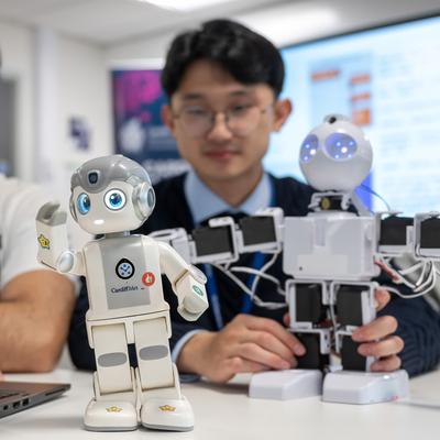 Two men interacting with robots in a tech setting. One is using a laptop, while two humanoid robots are on the table. The foreground robot is small and white with a delighted expression. The background has monitors and a blurred person.