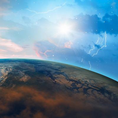An illustration of the Earth featuring different weather patterns - rain, sunshine and lightning.