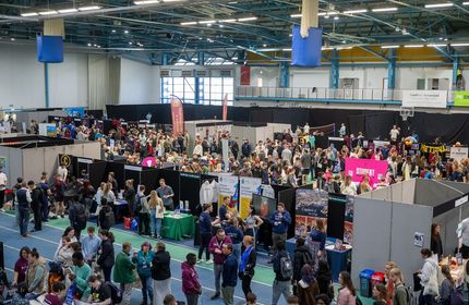 An aerial view of the Cardiff Met freshers' fair in the National Indoor Athletics Centre