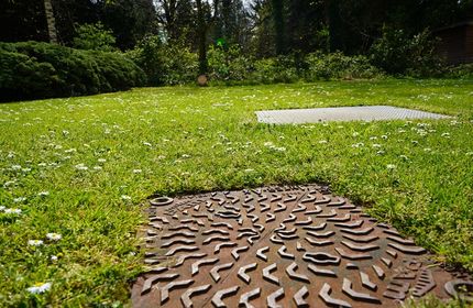 Manhole cover in a field of grass