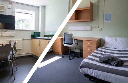 Split image of a room featuring a bed, desk, and chair, and shared kitchen at Cyncoed Campus.