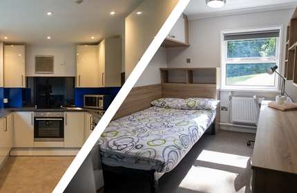 A split image featuring a modern kitchen on one side and a cozy bedroom on the other, showcasing Plas Gwyn Self-Catered Ensuite Premium