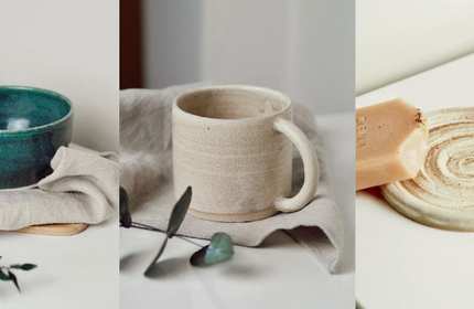 Left to right: ceramic bowl, ceramic mug, and ceramic drinks coaster