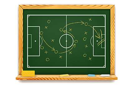 A chalkboard displaying a detailed drawing of a soccer field with markings and goals.
