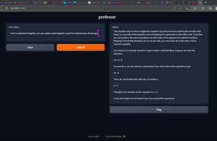 Screenshot of a webpage showing an algebra tutorial. On the left is a user input field asking for algebra help. On the right, there is an explanation of solving the equation 2x = 10, demonstrating subtracting, dividing, and isolating x.