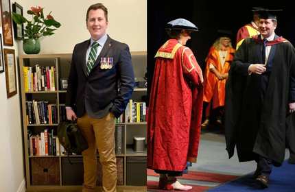 Two photos show men in graduation robes, while a third features a man in a suit, highlighting different formal occasions.