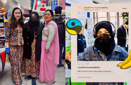 Two images show individuals wearing traditional clothes from Pakistan, one holding a banana, highlighting being proud to be at a Fairtrade University.