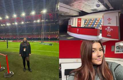 A young woman stands at the edge of a rugby pitch. Media interview table in the colours of the Welsh Rugby Union. A young woman takes a selfie.