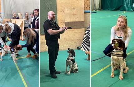 A montage of three images showing police dogs and their handlers engaging with students.