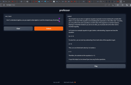 Screenshot of a webpage showing an algebra tutorial. On the left is a user input field asking for algebra help. On the right, there is an explanation of solving the equation 2x = 10, demonstrating subtracting, dividing, and isolating x.