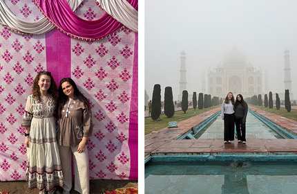 A montage of two images. In one, two young women stand in front of some vividly patterned fabric. In the other, they stand in front of the Taj Mahal.