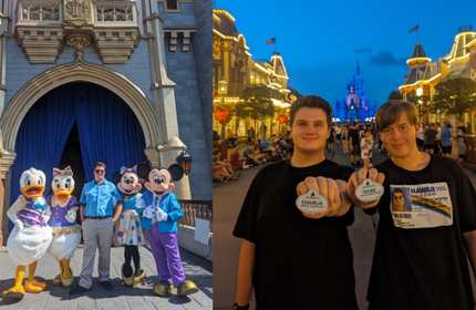 Charlie Bant stands in between four Disney characters in front of a large castle entrance / Two young adults hold up name badges