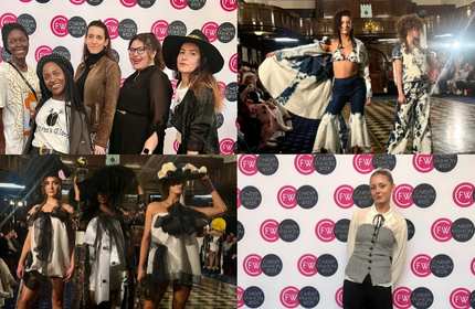 A collage of four photographs featuring pictures of attendees and catwalk models at a fashion marketing event