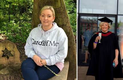 Nicola sits on a carved bench in a wooded area / Nicola, wearing a black graduation cap and gown, holds a plastic wine flute during her Graduation day
