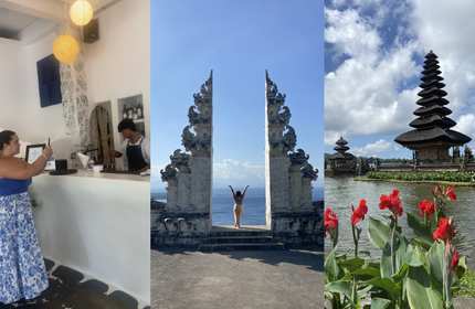 Rhian Pedley photographs a serving counter / Two large statues with a woman standing in between / Red flowers in the foreground of a moat with a stacked tower at its centre