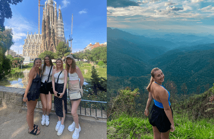 Two pictures of individuals in front of a cathedral, capturing the beauty of the building and the people together.
