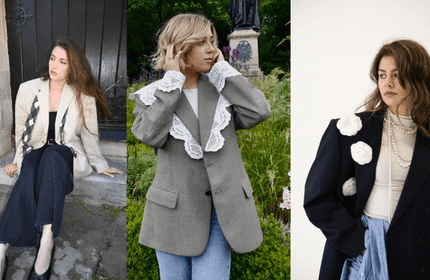 A collage of a young woman posing for three photographs