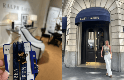 Left side shows a close-up of Ralph Lauren lanyards in an office setting. Right side shows a person in a sleeveless top and white pants standing in front of a Ralph Lauren store entrance.