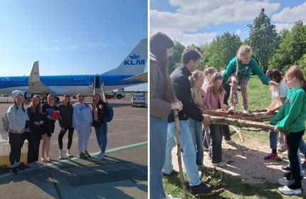 Two images: one shows a group of people in front of an aeroplane, while the other shows children playing outdoors with wood logs.