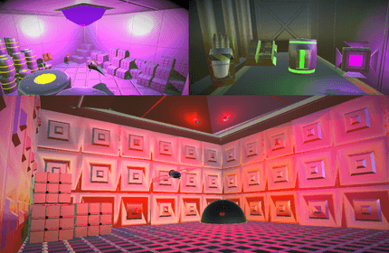 A vibrant, futuristic scene with neon lights. The top left shows a room with barrels and crates, illuminated in pink and purple. The top right displays glowing cylinders and a cube. The bottom scene features a patterned wall with boxes and small drones.