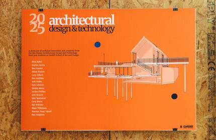 Close-up of a poster showing a plan elevation of a building. The poster includes the text 2025 Architectural Design & Technology, followed by a list of names.