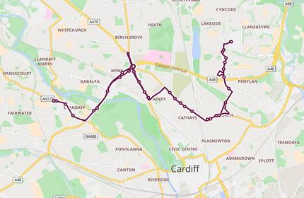 A zoomed in map of Cardiff with a maroon bus route line between Cardiff Met campuses