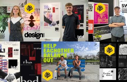 A collage of graphic communications students standing in front of their work and achievements