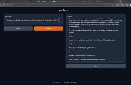 Screenshot of a webpage showing an algebra tutorial. On the left is a user input field asking for algebra help. On the right, there is an explanation of solving the equation 2x = 10, demonstrating subtracting, dividing, and isolating x.