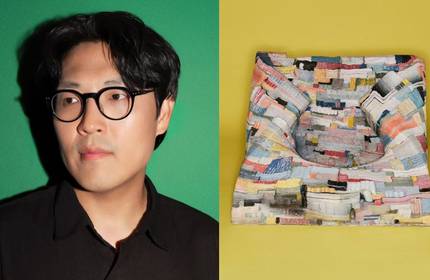 Headshot of Jongjin Park in front of a green background. A multicoloured ceramic piece on a yellow background